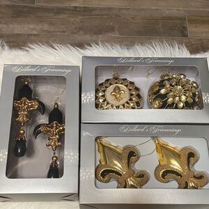 Dillard’s Fleur De Lis/black and gold ornaments, 3 boxes, 6 total ornaments